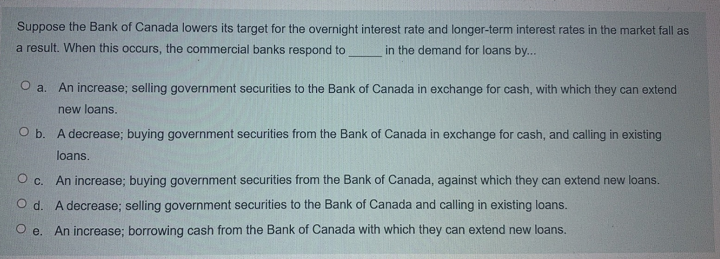 Solved Suppose The Bank Of Canada Lowers Its Target For The | Chegg.com