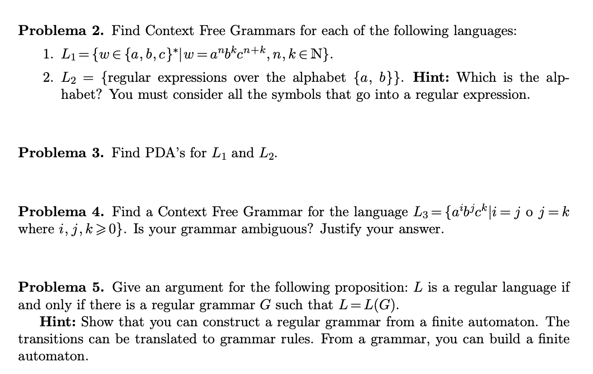 construct context-free grammars that generate each of these languages chegg