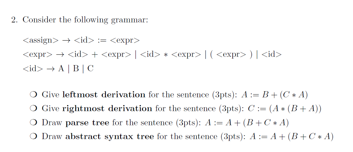 Solved 2. Consider The Following Grammar: → := → + | | Chegg.com