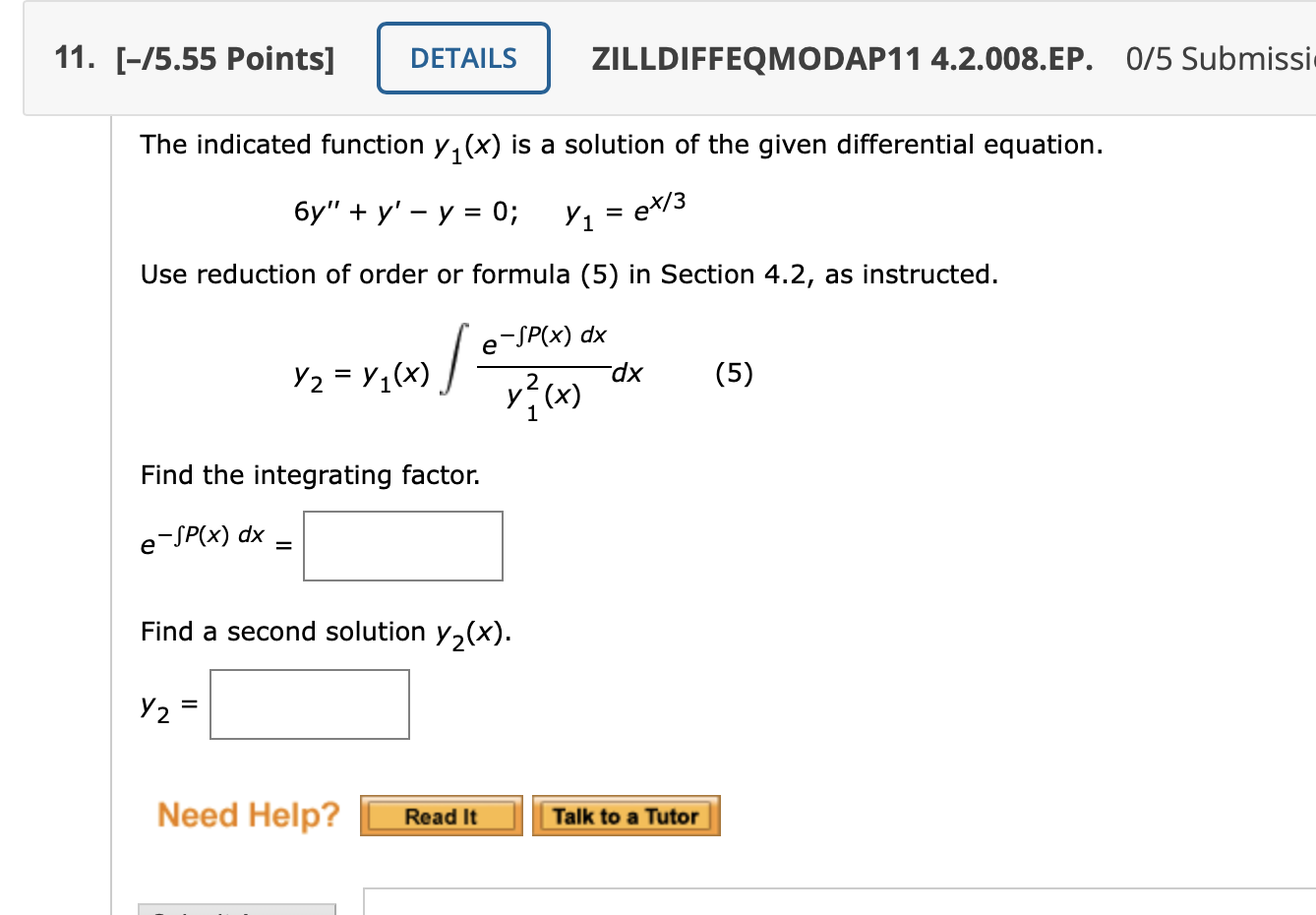 Solved The Indicated Function Y1 X Is A Solution Of The Chegg Com