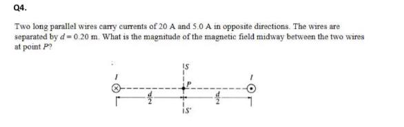 Solved Two long parallel wires carry currents of 20 A and | Chegg.com