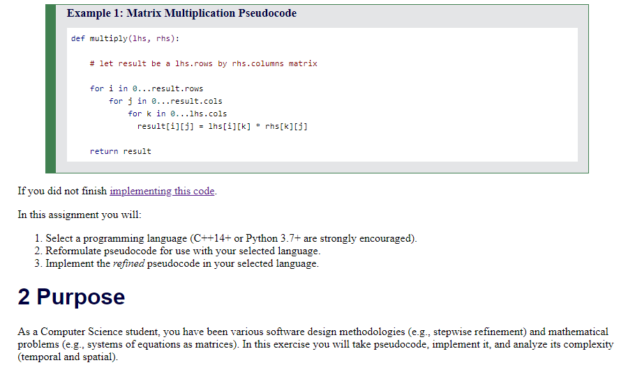 Solved Example 1: Matrix Multiplication Pseudocode def | Chegg.com