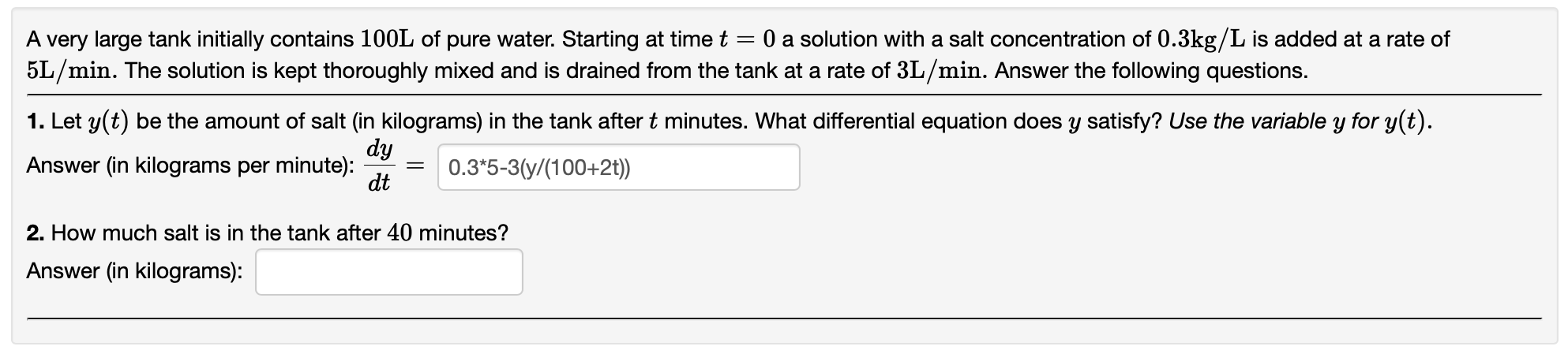 Solved A Very Large Tank Initially Contains L Of Pure Chegg Com