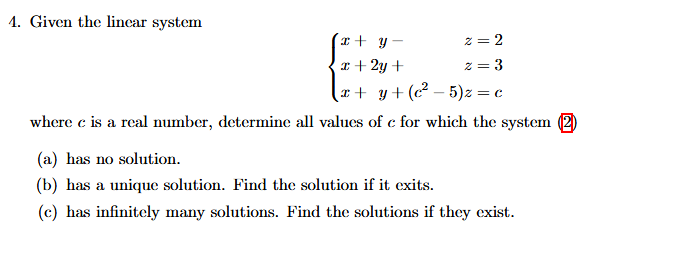 Solved 1. Given the linear system 1+ y 2= 2 2= 3 = 1 + 2y + | Chegg.com image.
