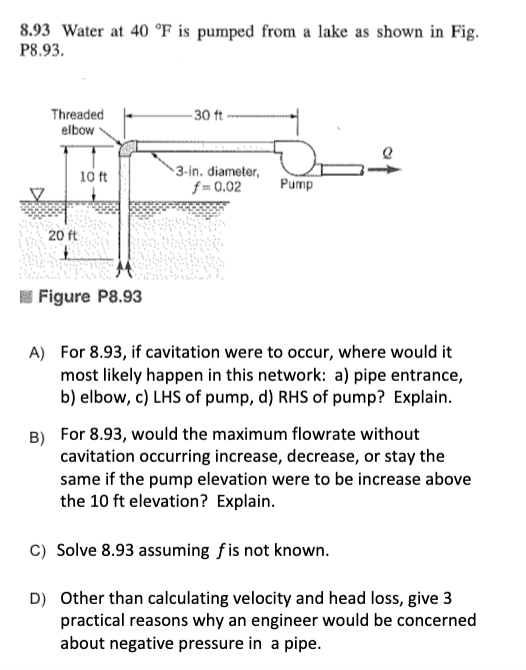 Solved 8.93 Water at 40 °F is pumped from a lake as shown in | Chegg.com