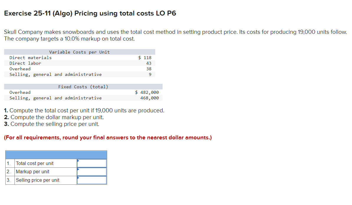 Solved Exercise 25-11 (Algo) Pricing Using Total Costs LO P6 | Chegg.com