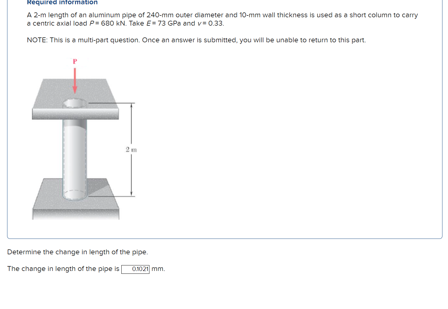 Solved A 2-m Length Of An Aluminum Pipe Of 240−mm Outer | Chegg.com