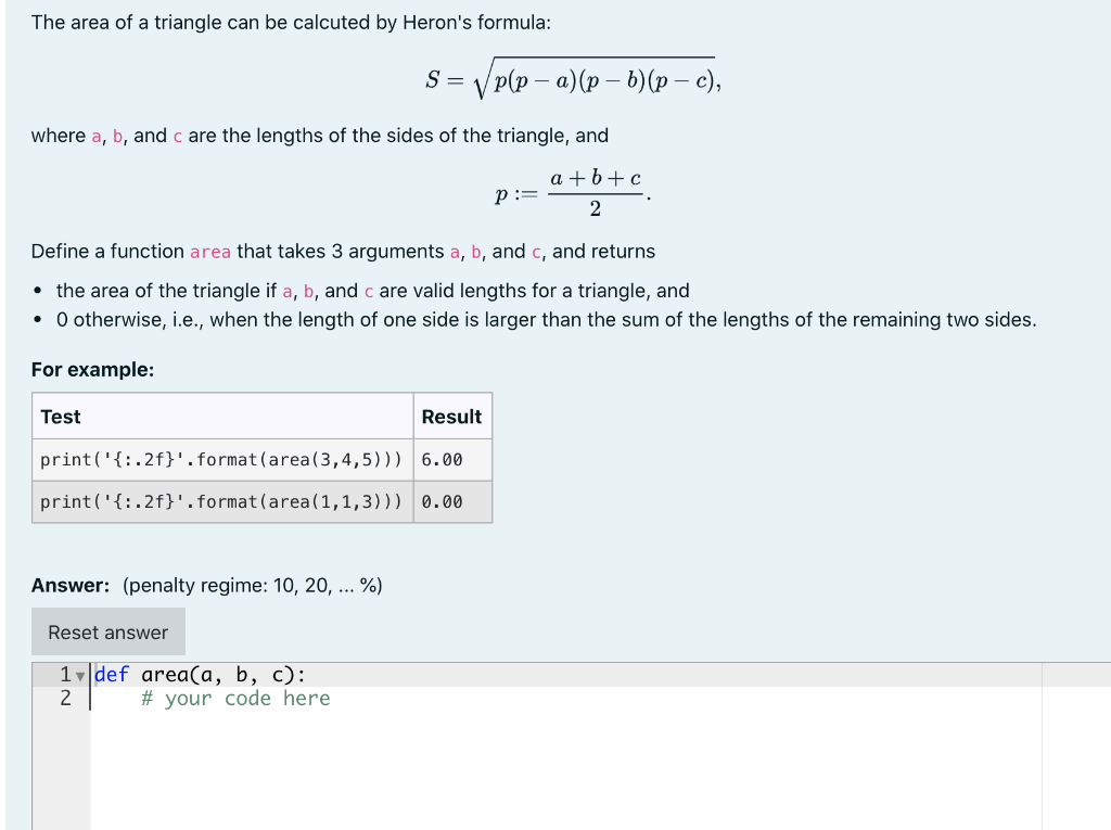 Solved The area of a triangle can be calcuted by Heron's | Chegg.com