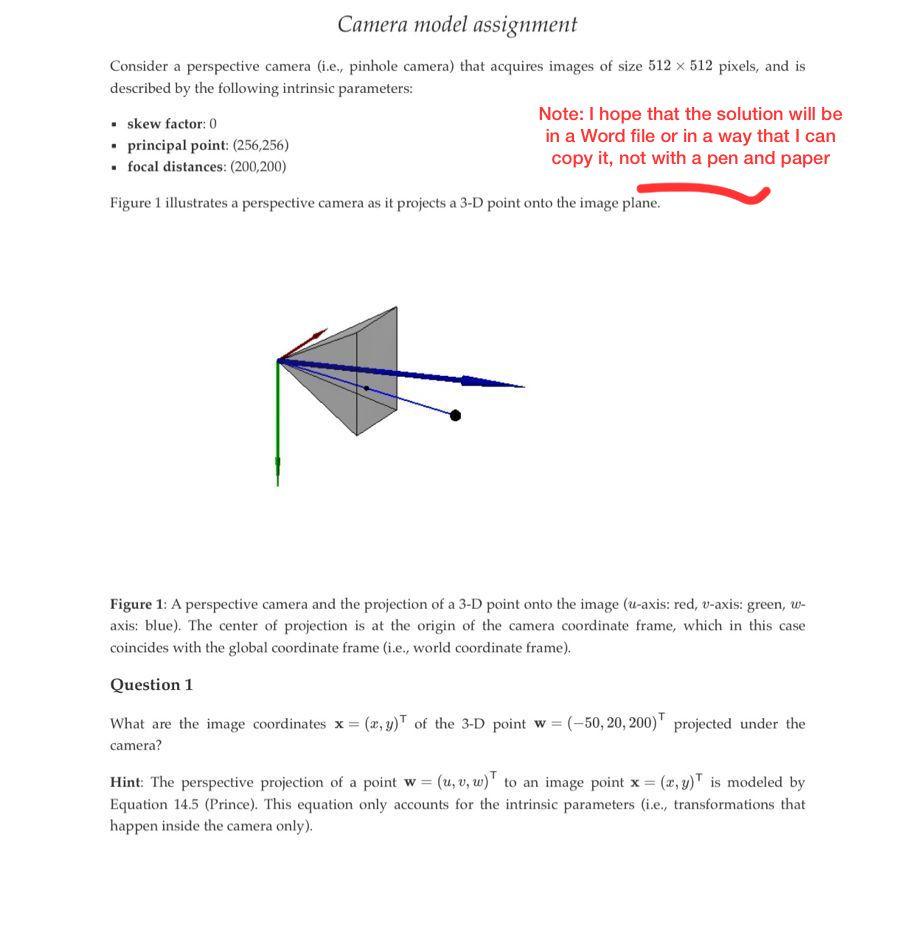 Camera Model Assignment Consider A Perspective Camera Chegg Com