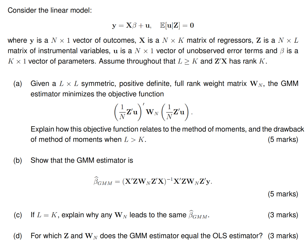 Consider The Linear Model Y X6 U E U Z 0 W Chegg Com