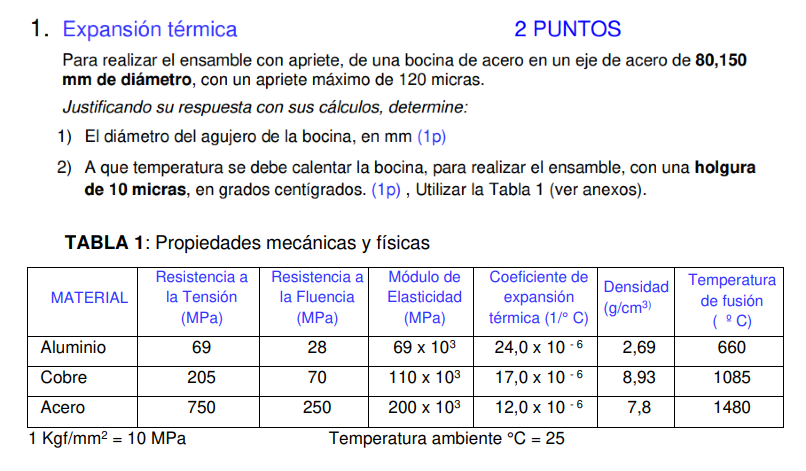 1. Expansión térmica 2 PUNTOS Para realizar el ensamble con apriete, de una bocina de acero en un eje de acero de \( \mathbf{