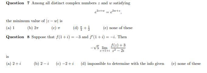 Solved Question 7 Among all distinct complex numbers 2 and w | Chegg.com