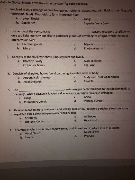 Solved Multiple Choice: Please circle the correct answer for | Chegg.com