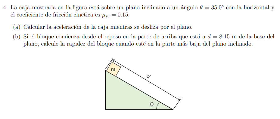 4. La caja mostrada en la figura está sobre un plano inclinado a un ángulo \( \theta=35.0^{\circ} \) con la horizontal y el c