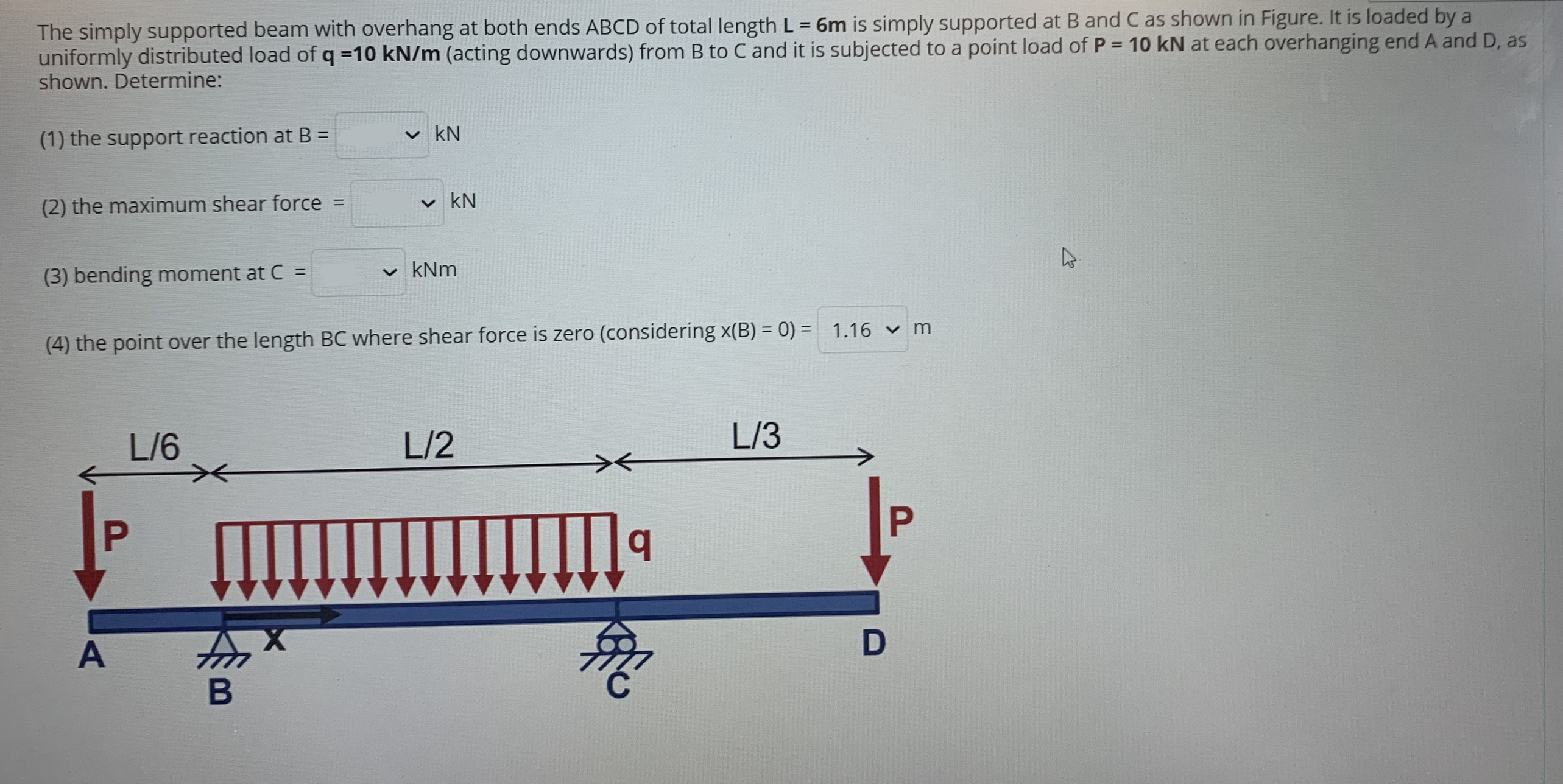 The simply supported beam with overhang at both ends \( A B C D \) of total length \( L=6 \mathrm{~m} \) is simply supported