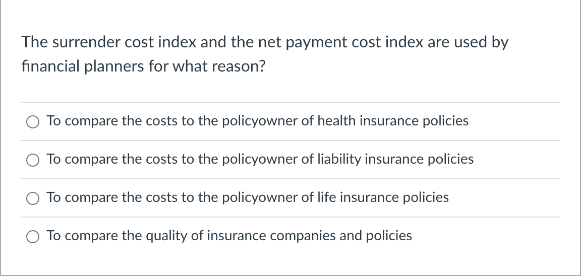 Solved The surrender cost index and the net payment cost