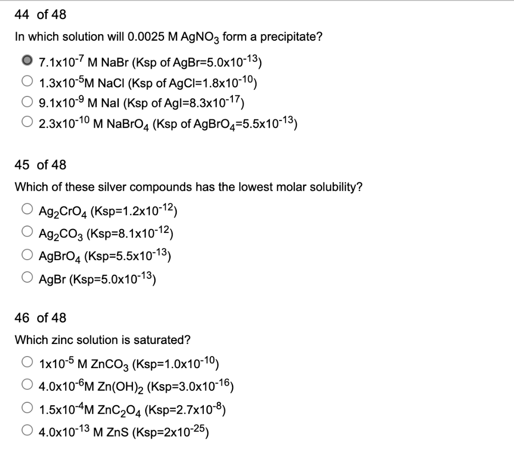 Solved 44 of 48 In which solution will 0.0025 M AgNO3 form a