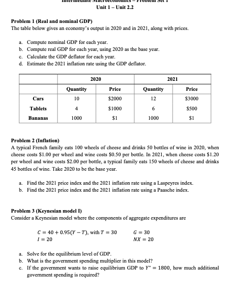 Solved Unit 1 - Unit 2.2 Problem 1 (Real And Nominal GDP) | Chegg.com