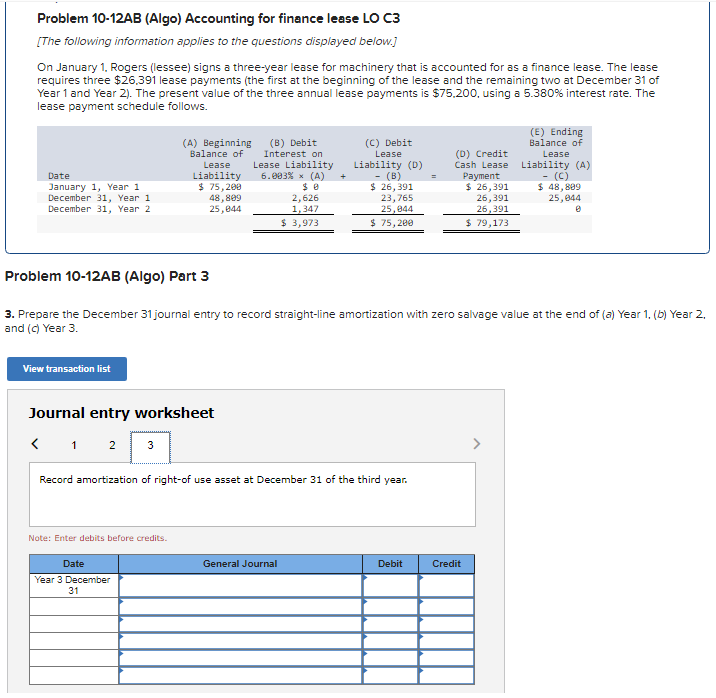 Solved Problem 10-12AB (Algo) Accounting For Finance Lease | Chegg.com