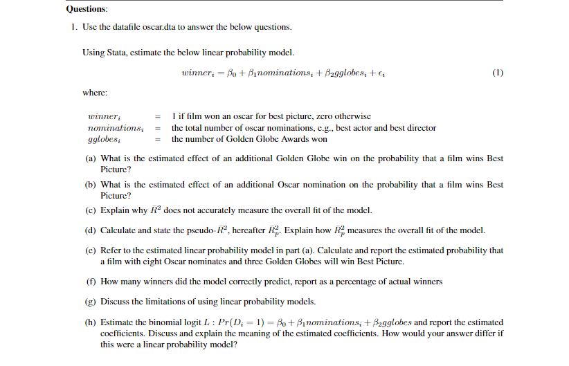 Solved Use the datafile oscar.dta to answer the below | Chegg.com