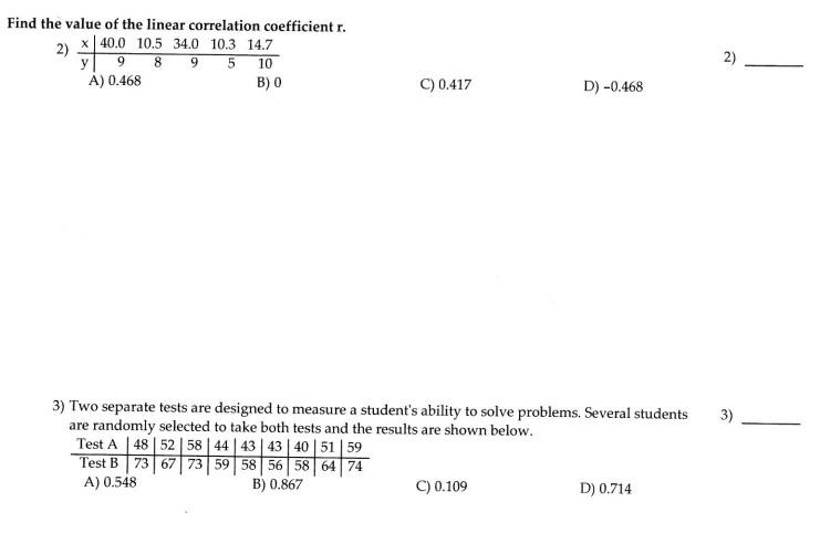 Solved Find the value of the linear correlation coefficient | Chegg.com