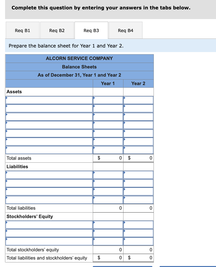 Complete this question by entering your answers in the tabs below.
Prepare the balance sheet for Year 1 and Year 2.