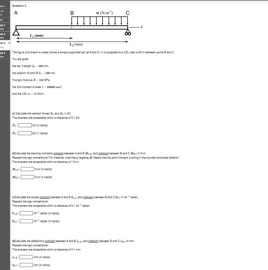 Solved beam deflection, the UDL is in kN/m as indicated in | Chegg.com