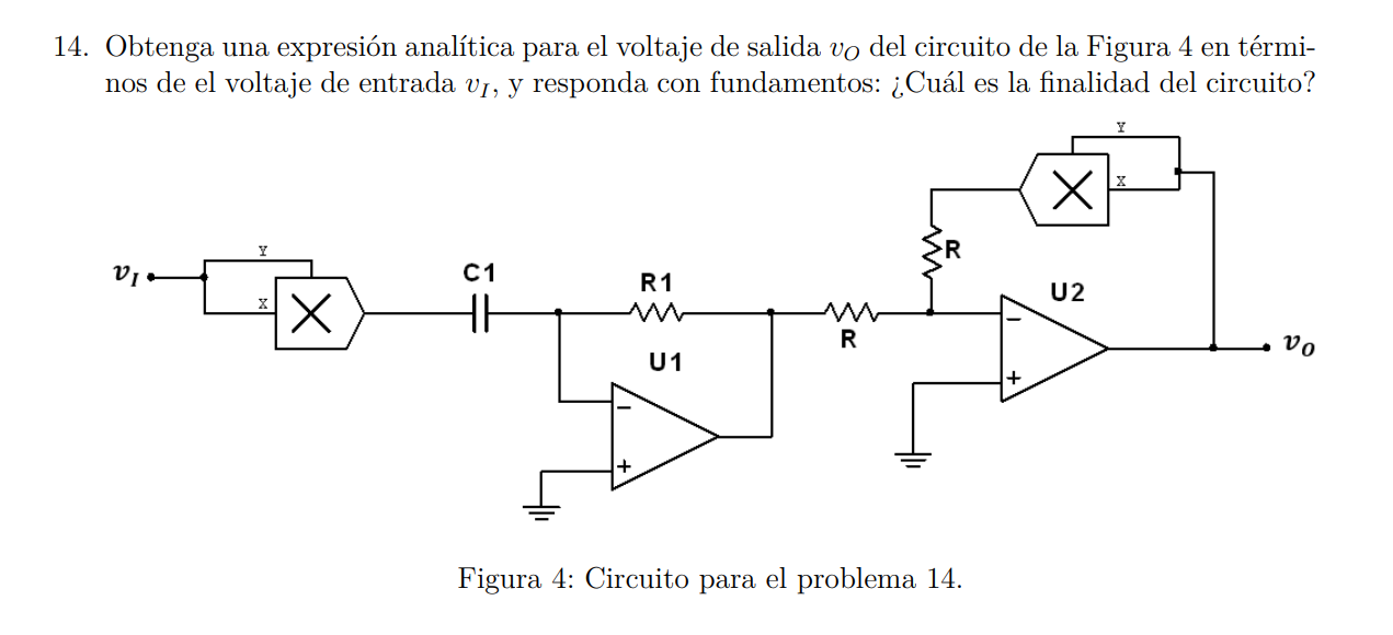 4. Obtenga una expresión analítica para el voltaje de salida \( v_{O} \) del circuito de la Figura 4 en términos de el voltaj