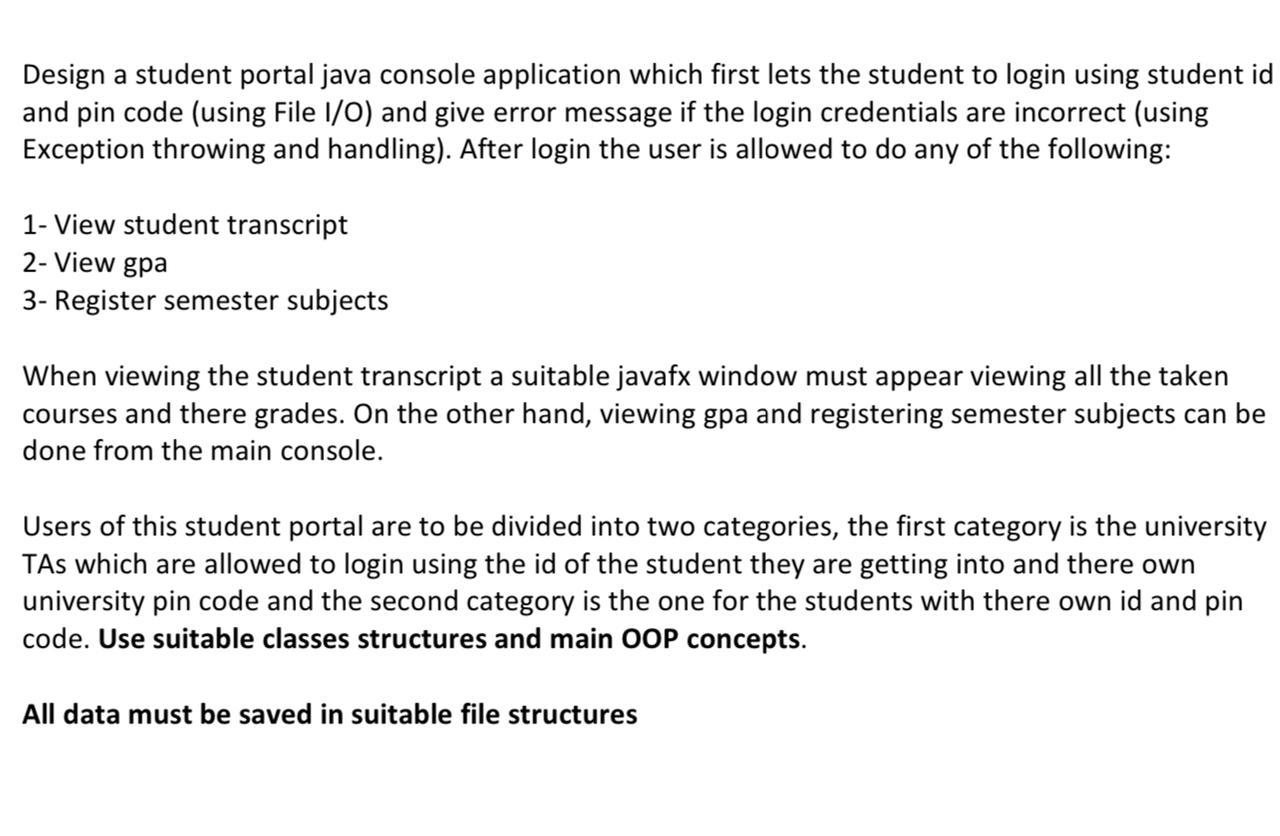 Solved Design a student portal java console application | Chegg.com