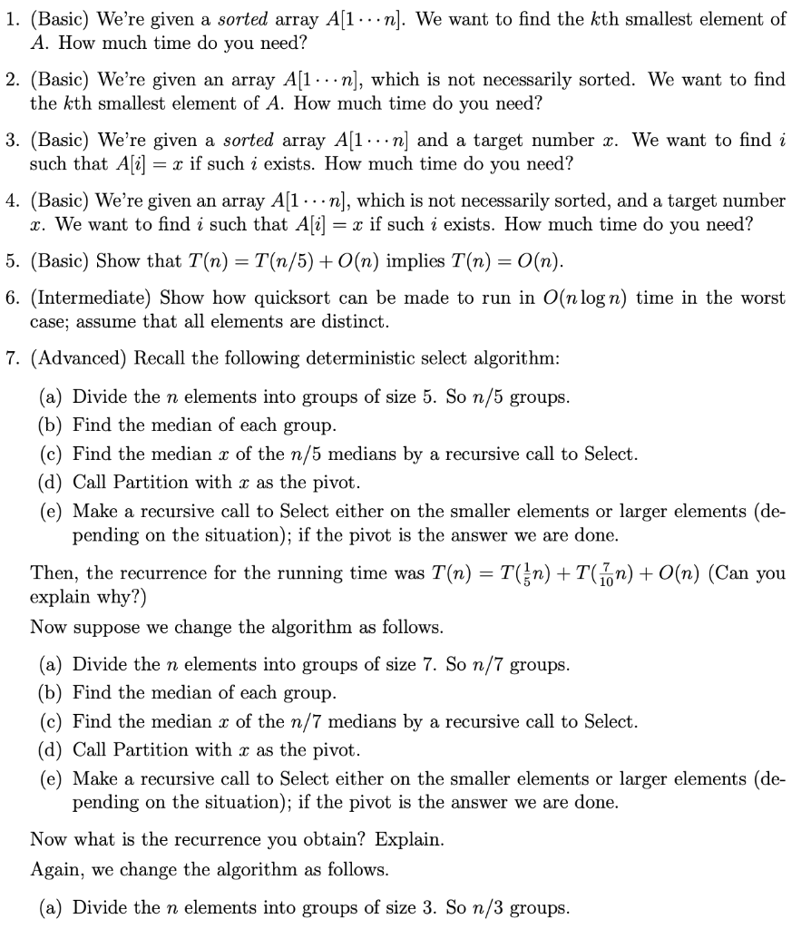 Solved = 1. (Basic) We're given a sorted array A[1...n]. We | Chegg.com