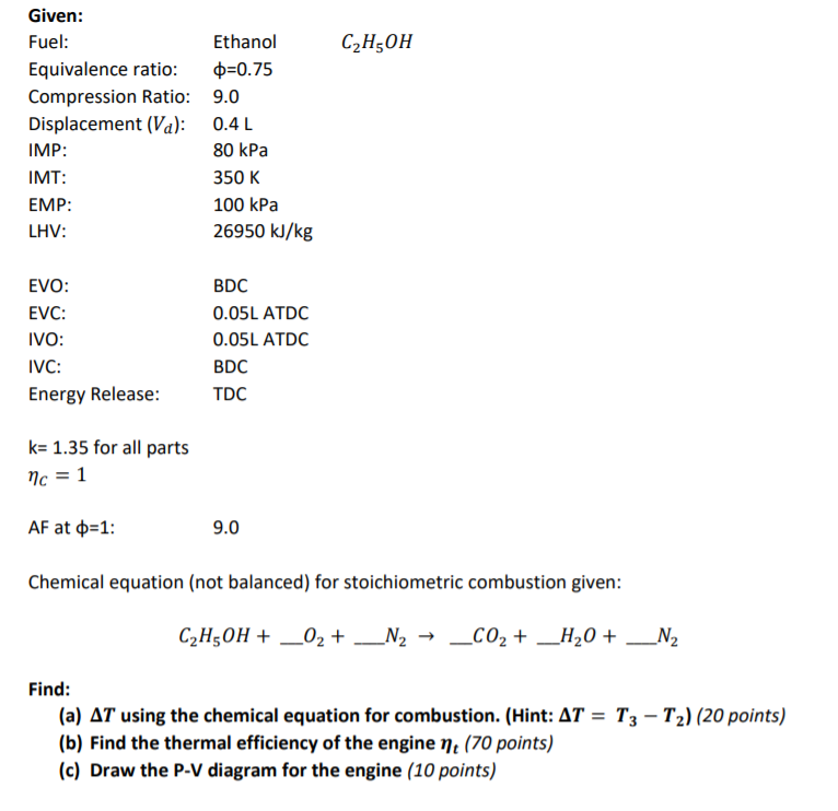 Solved C2H5OH Given Fuel Ethanol Equivalence ratio =0.75