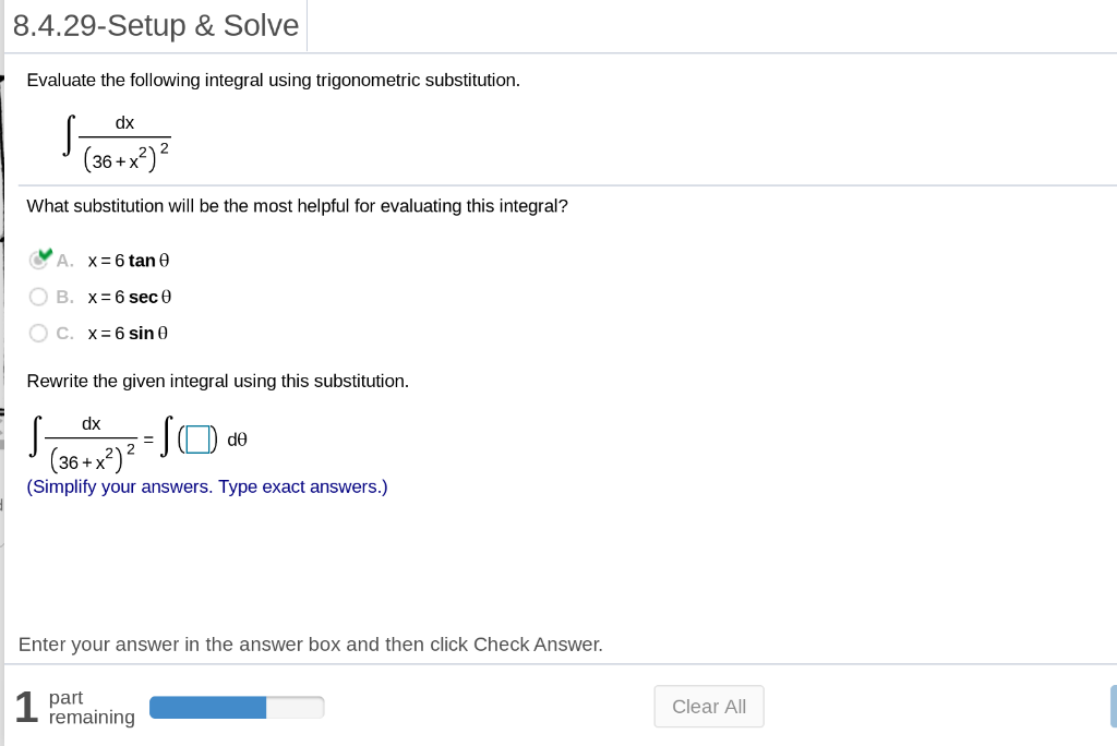 Solved 8.4.29-Setup & Solve Evaluate the following integral | Chegg.com