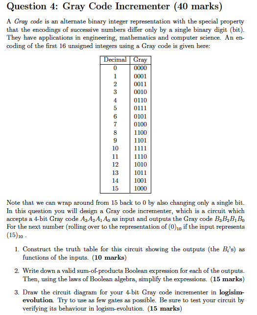 Question 4: Gray Code Incrementer (40 marks) A Gray code is an alternate binary integer representation with the special prope