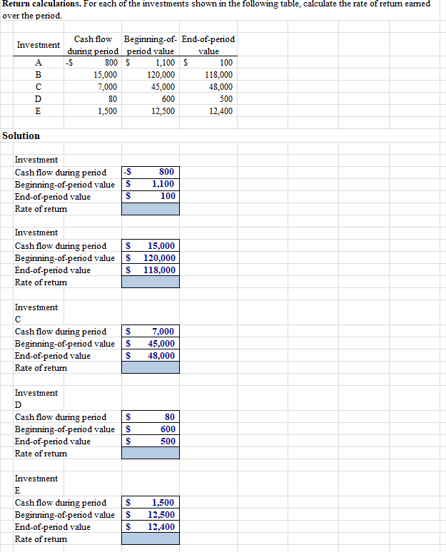 Return calculations. For each of the investments | Chegg.com