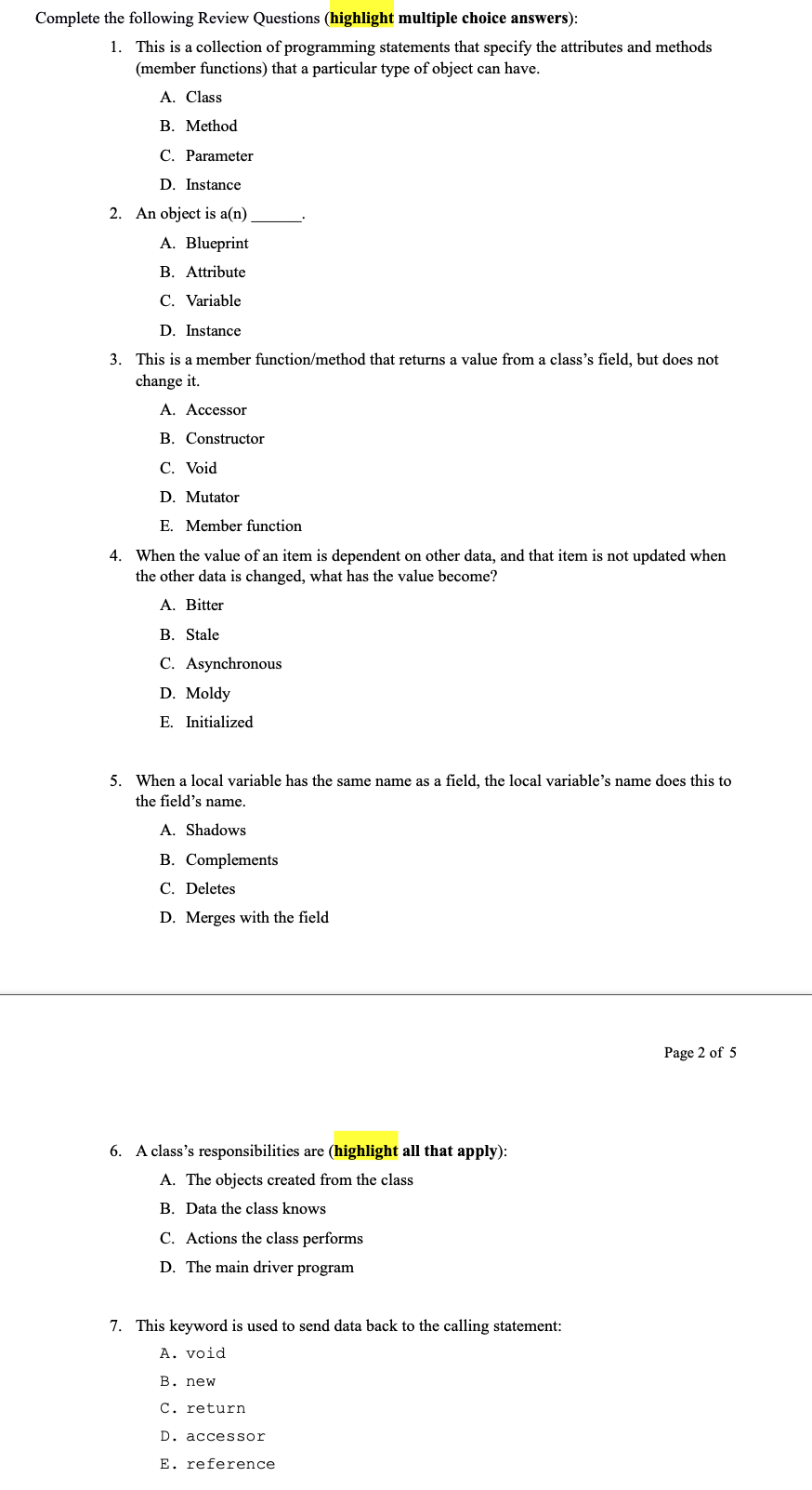 Solved Complete The Following Review Questions (highlight | Chegg.com