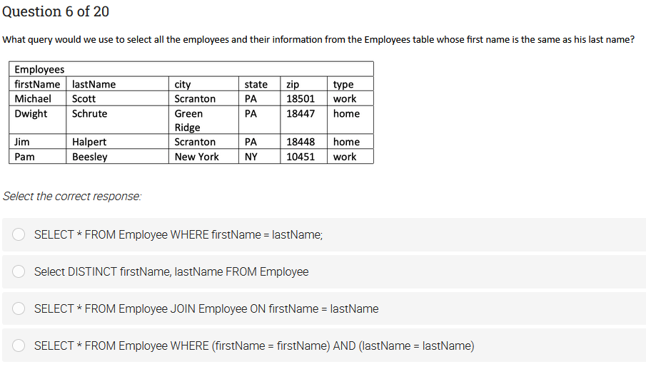 Solved Question 6 of 20 What query would we use to select | Chegg.com