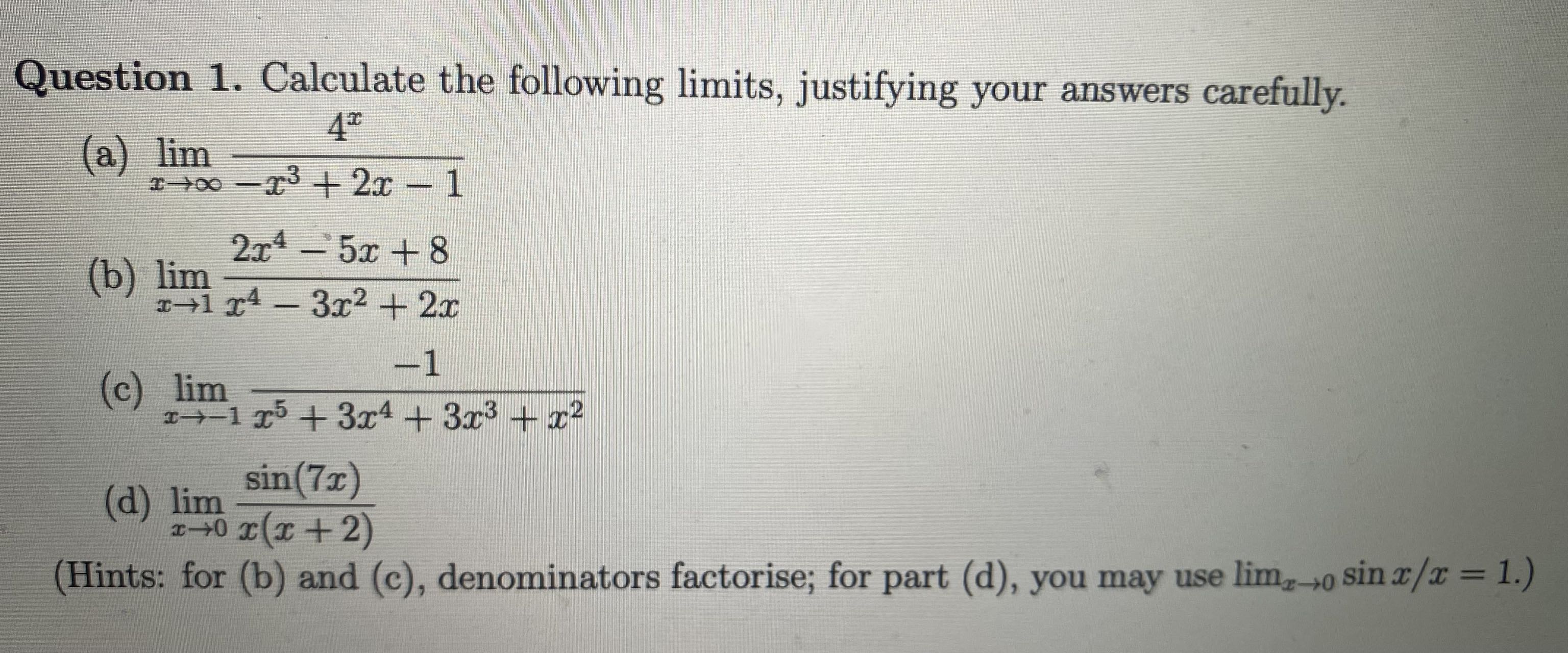 Question 1. Calculate the following limits, | Chegg.com