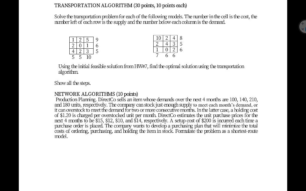 TRANSPORTATION ALGORITHM (30 points, 10 points each) | Chegg.com