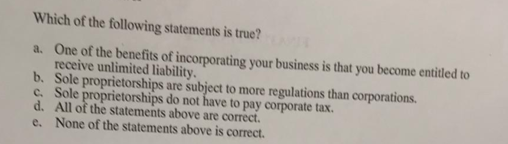 Solved Which Of The Following Statements Is True A One Of Chegg