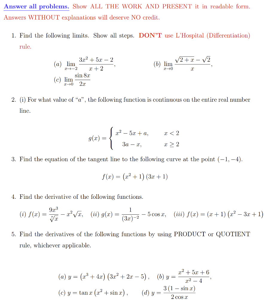 Solved Answer all problems. Show ALL THE WORK AND PRESENT it | Chegg.com