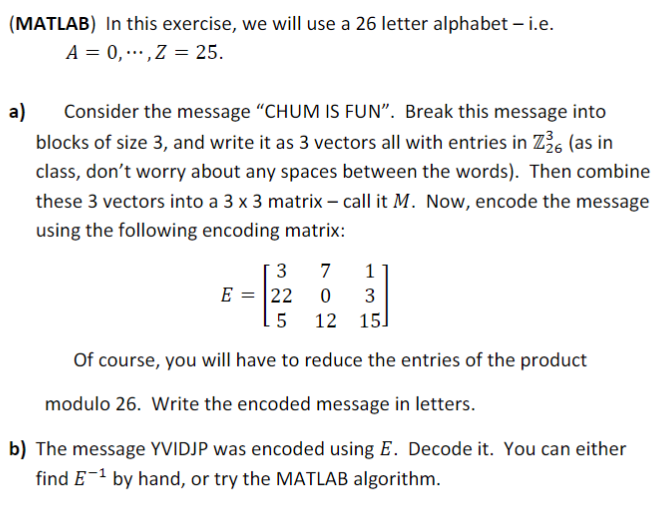 Solved (MATLAB) In this exercise, we will use a 26 letter | Chegg.com