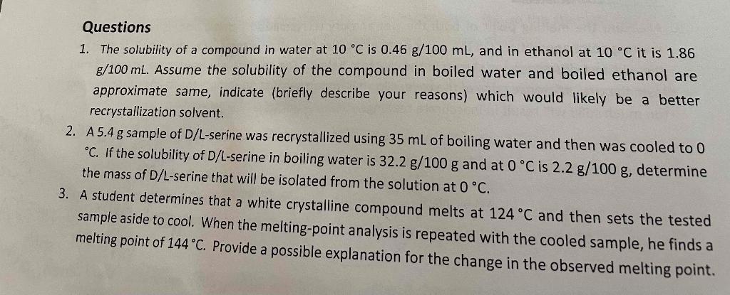 Solved Questions 1. The solubility of a compound in water at | Chegg.com