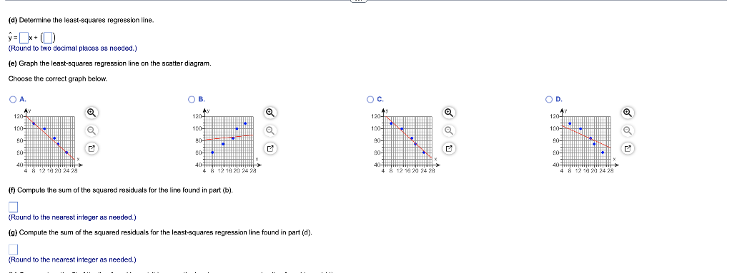 (d) Determine the least-squares regression line.
\( \hat{y}=t+1 \)
(Round to two decimal places as needed.)
(e) Graph the lea