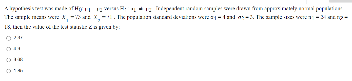 Solved A hypothesis test was made of H0:μ1=μ2 versus | Chegg.com