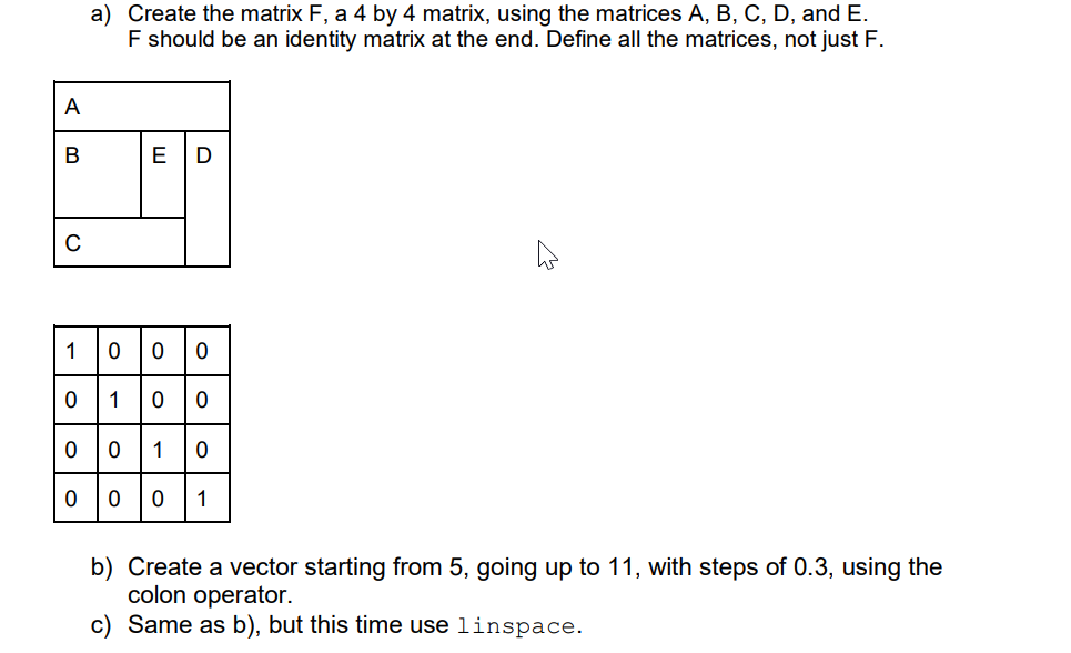 Solved a) Create the matrix F, a 4 by 4 matrix, using the | Chegg.com