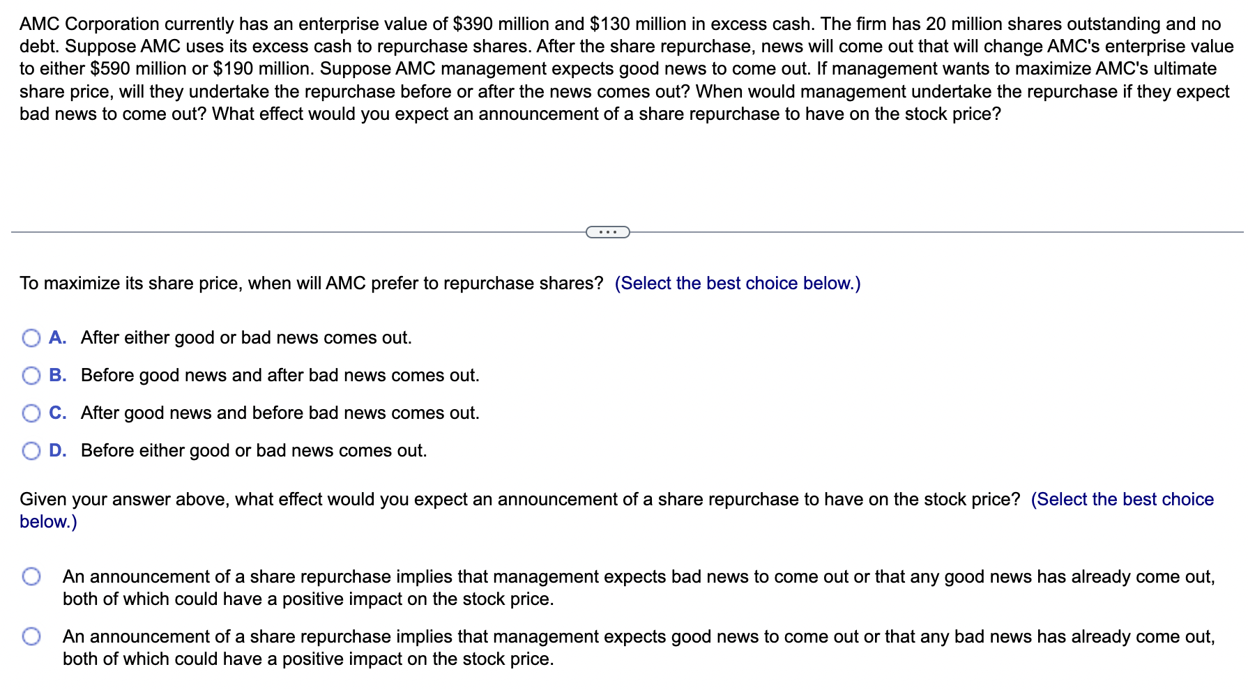 Solved AMC Corporation Currently Has An Enterprise Value Of | Chegg.com