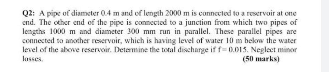 Solved Q2: A pipe of diameter 0.4 m and of length 2000 m is | Chegg.com