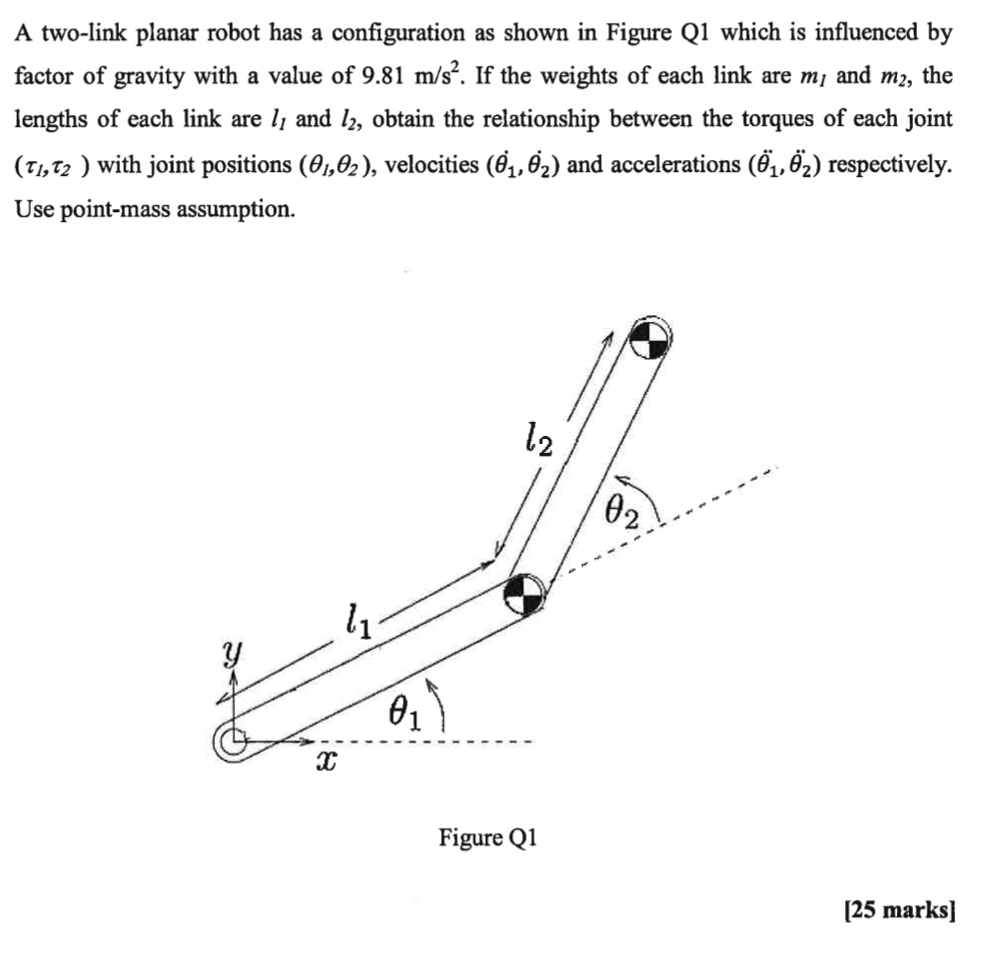 A two-link planar robot has a configuration as shown in Figure Q1 which is influenced by factor of gravity with a value of \(