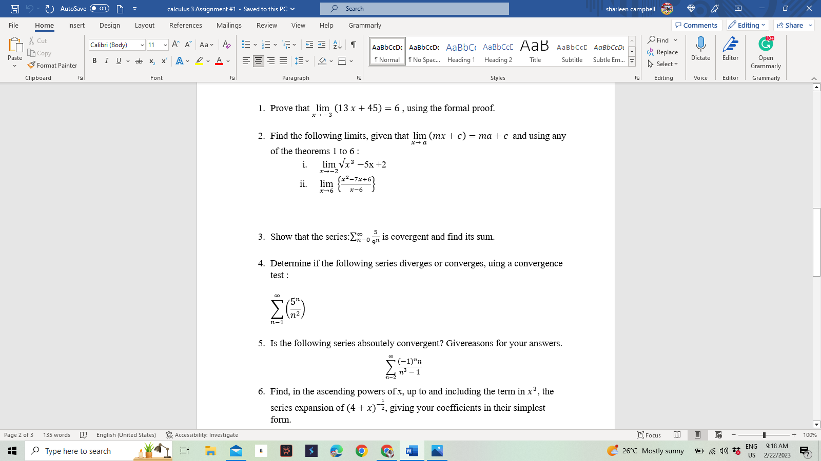 Solved 1. Prove that limx→−3(13x+45)=6, using the formal | Chegg.com ...