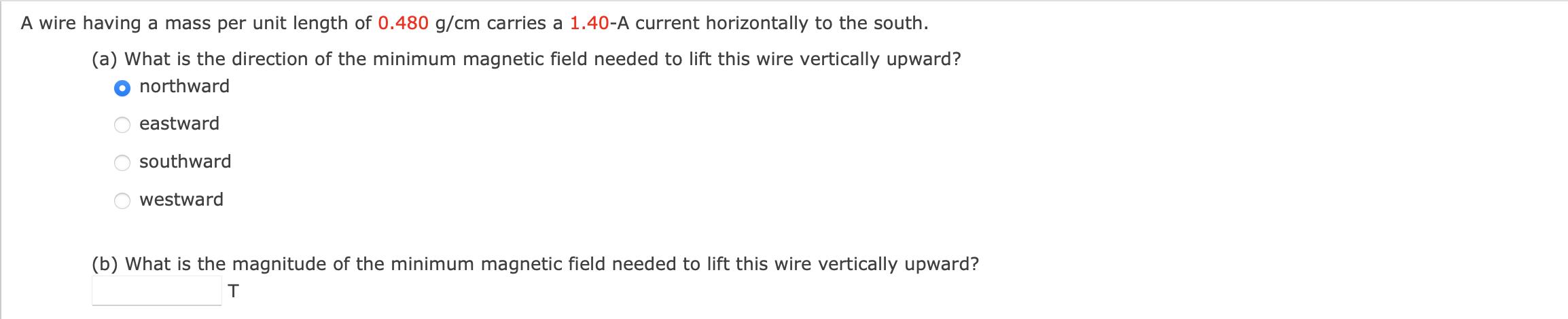 Solved A wire having a mass per unit length of 0.480 g/cm | Chegg.com